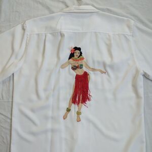 Vintage Dragonfly Hula Pinup Girl Tattoo Button Up Shirt White Black Men's Large